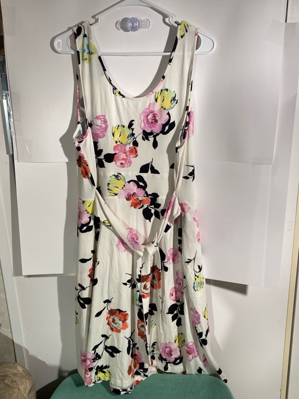 Floral Tie-Waist Sleeveless Dress - White with Pink & Yellow Flowers